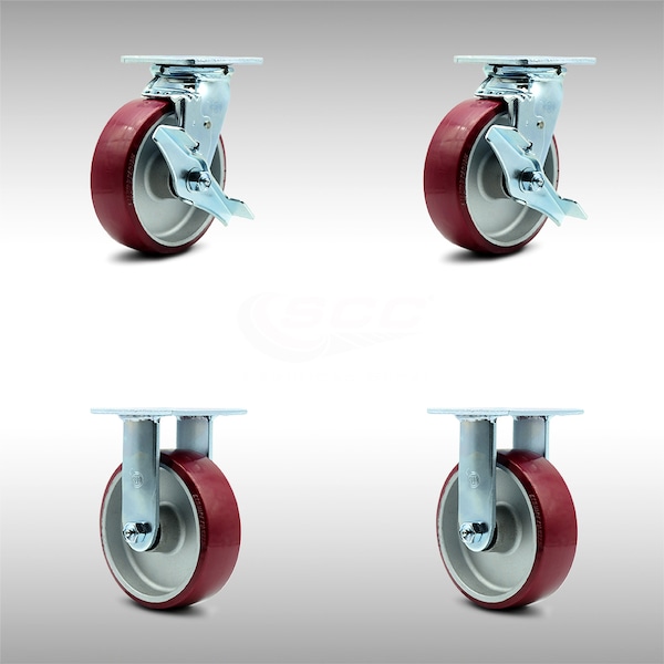 6 Inch SS Poly on Aluminum Caster Set with Ball Bearings 2 Brakes 2 Rigid SCC